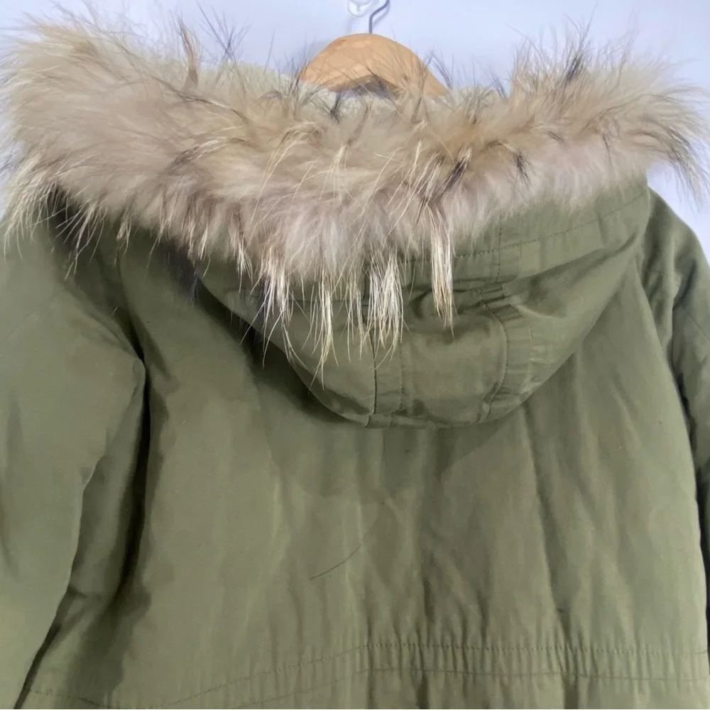 SANDRO Parka Fur Hood Khaki Coat Olive Green